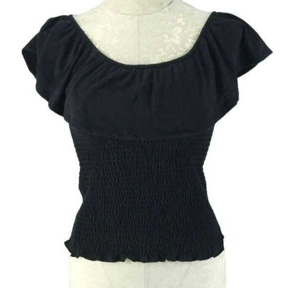 Royality Black Fitted Ruffled PETERPAN Stretch Top‎ Medium - Picture 1 of 8